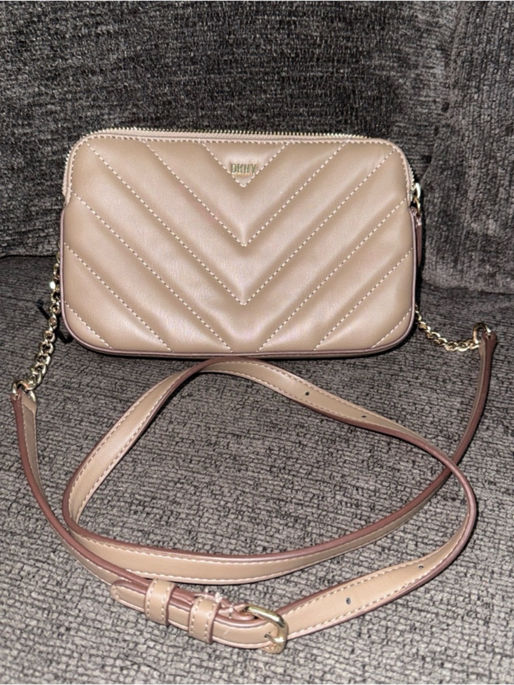 DKNY Bag Double Zip Crossbody Quilted - Faux Leather Dark Clay
